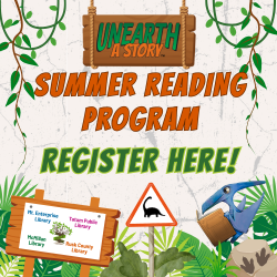 JUNGLE THEMED graphic with THE TEXT "Summer Reading Program - Register Here"
